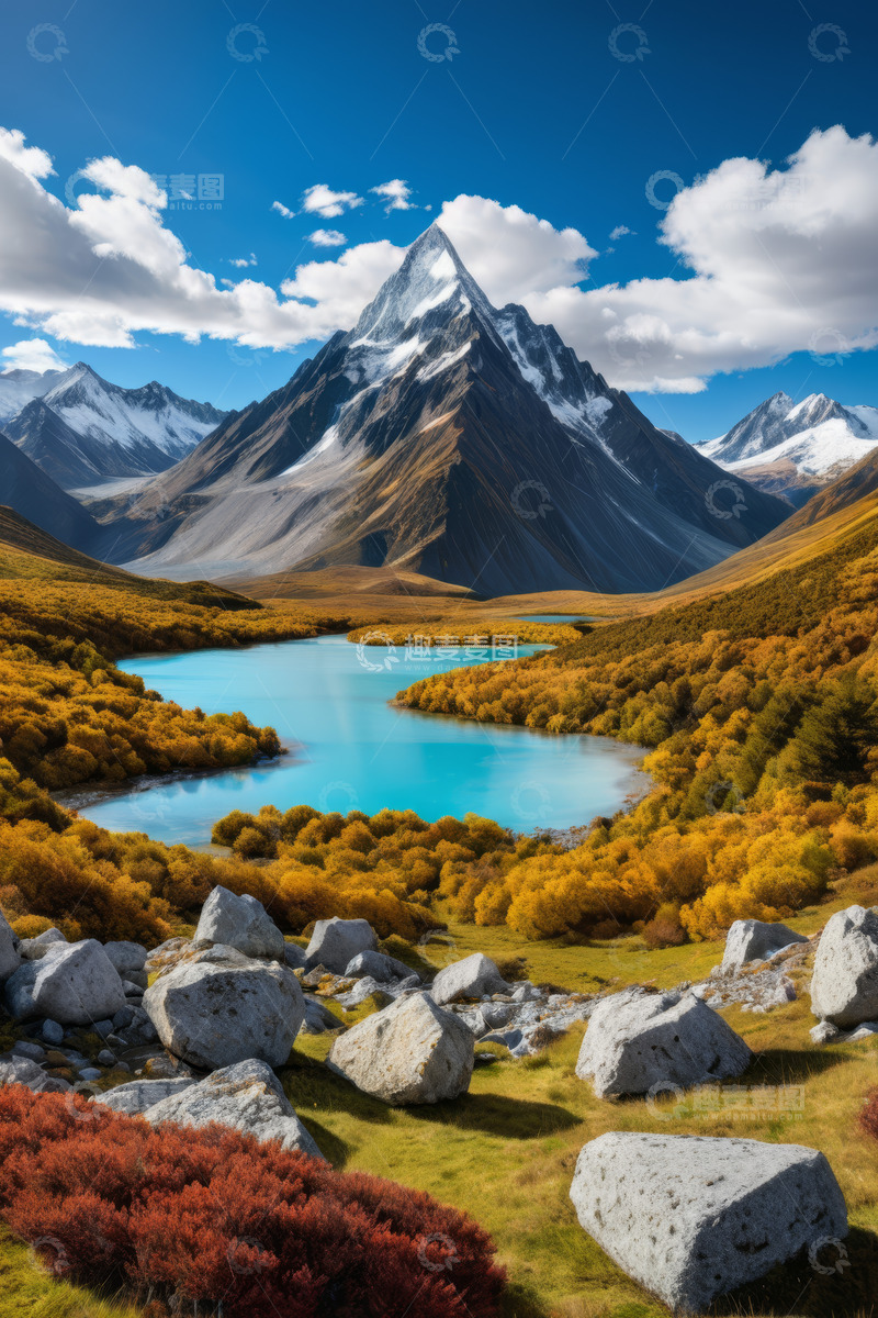 高清大图下载【趣麦麦图】雪山下的湖泊与秋日山林景观