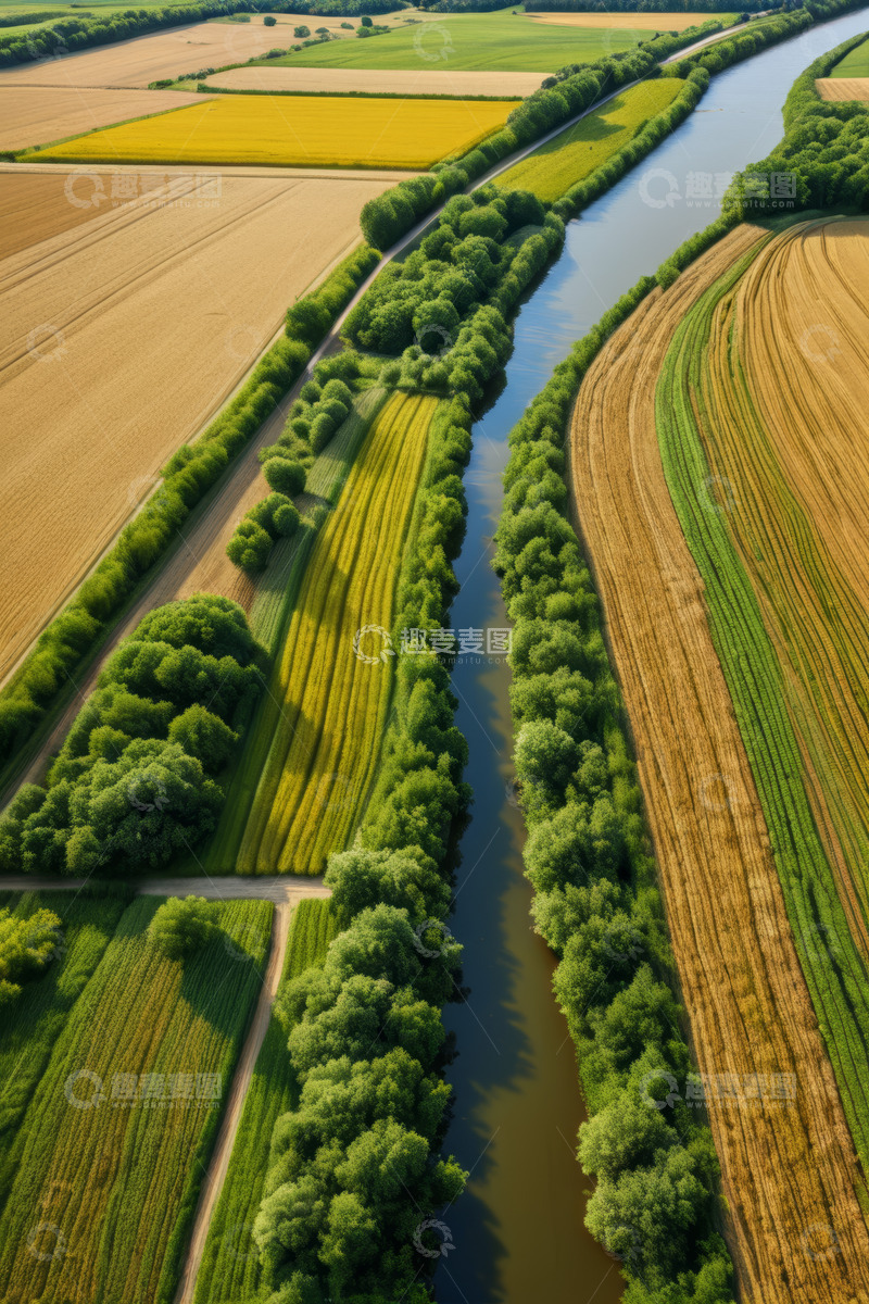 高清大图下载【趣麦麦图】田野河流航拍全景