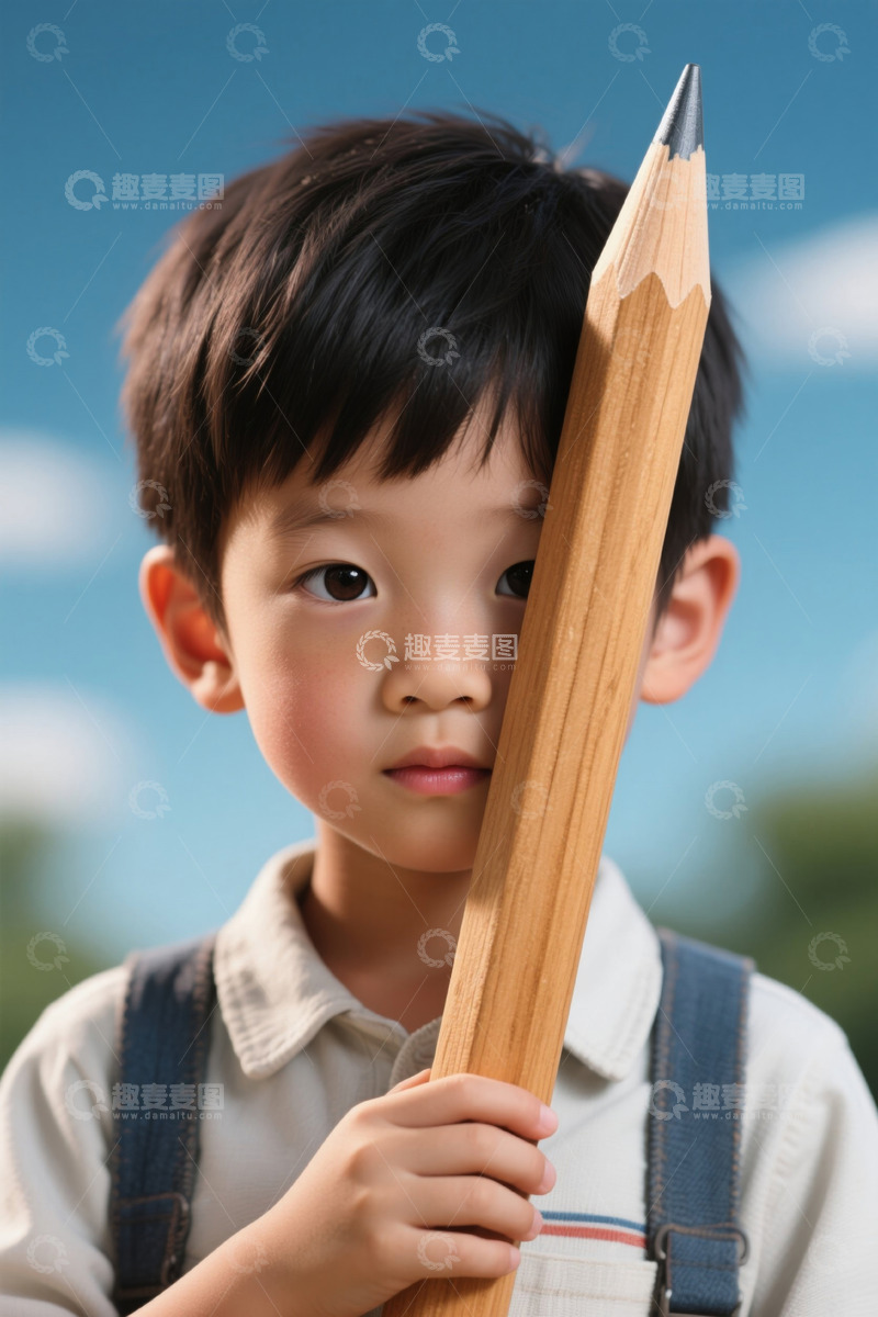 高清大图下载【趣麦麦图】儿童手持巨型铅笔遮挡面部