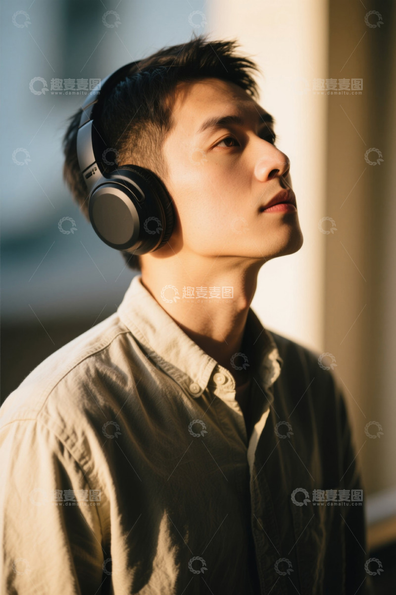 高清大图下载【趣麦麦图】阳光下戴耳机沉思的年轻男子