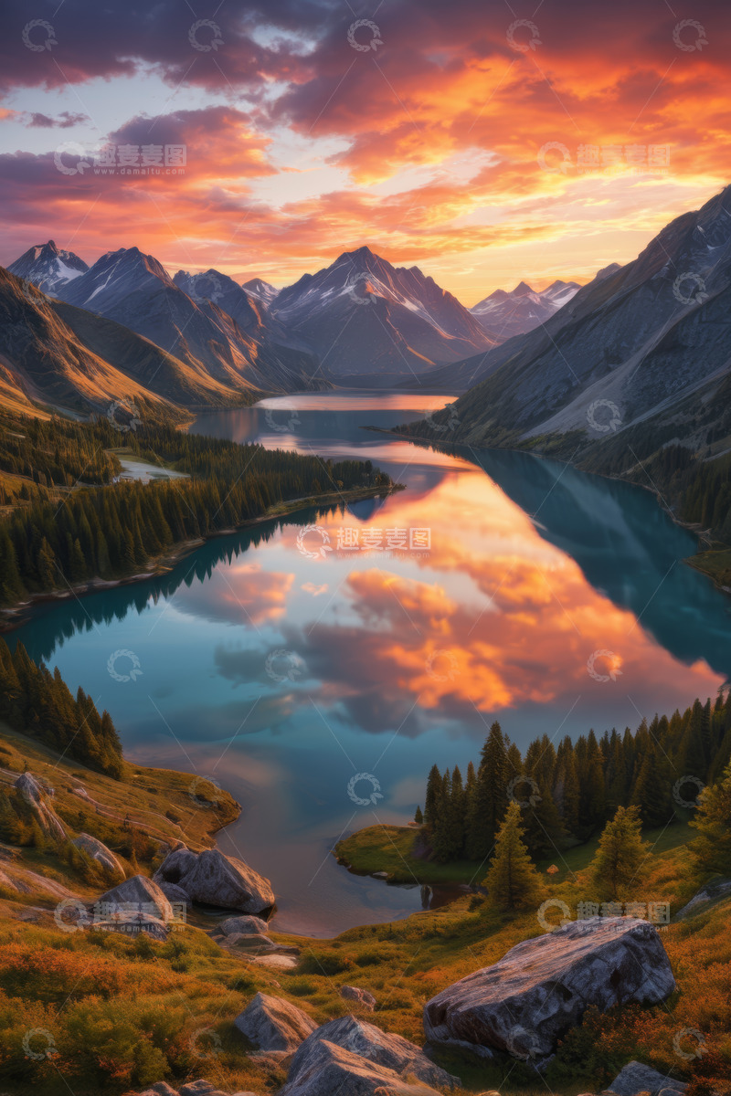 高清大图下载【趣麦麦图】山间湖泊日出自然风光