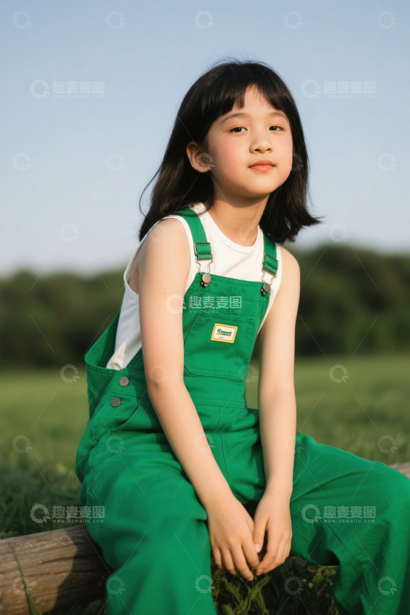 高清大图下载【趣麦麦图】女孩户外穿着绿色连体裤坐木桩