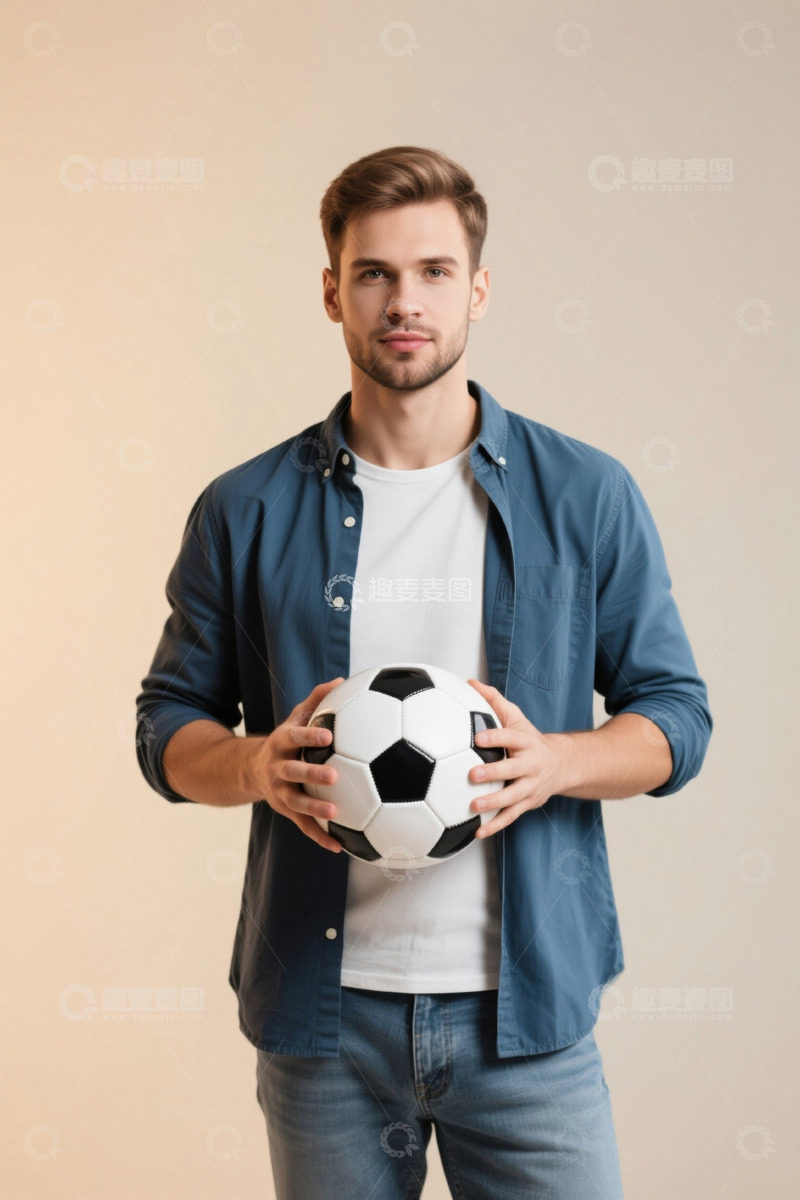 高清大图下载【趣麦麦图】英俊男子怀抱足球凝视镜头
