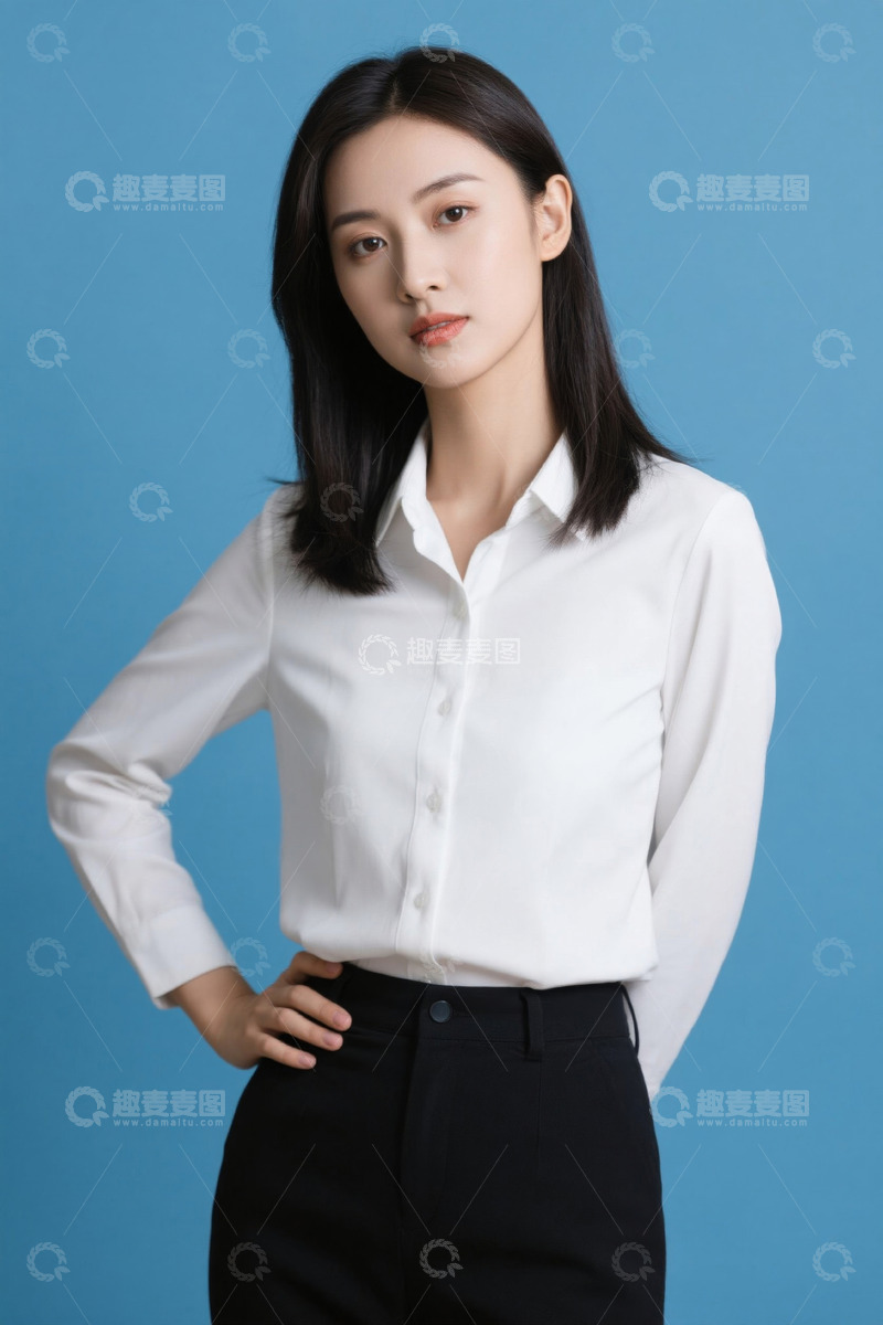 高清大图下载【趣麦麦图】蓝色背景下身穿白衬衫黑裤的年轻女子