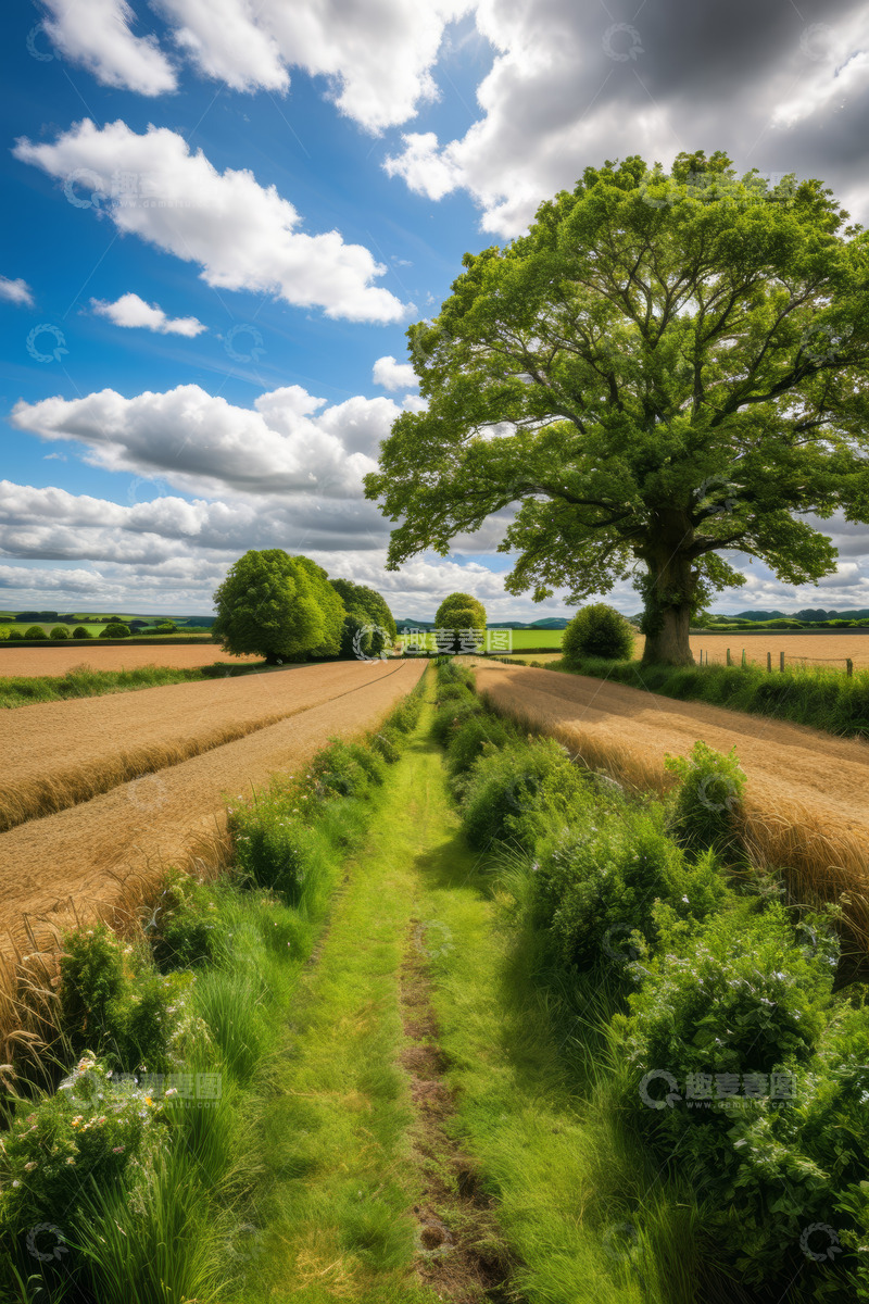 高清大图下载【趣麦麦图】田野间绿树成荫的乡间小道