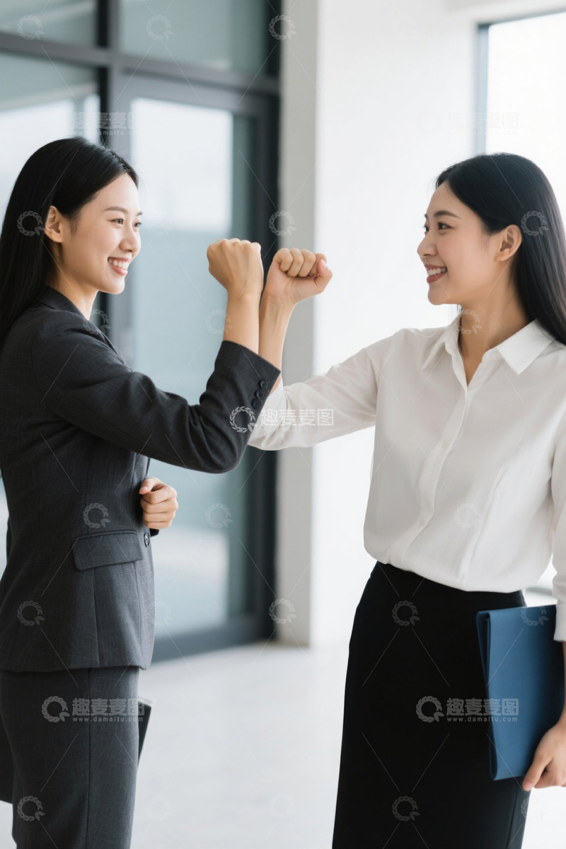 高清大图下载【趣麦麦图】职场女性碰肘庆祝成功喜悦
