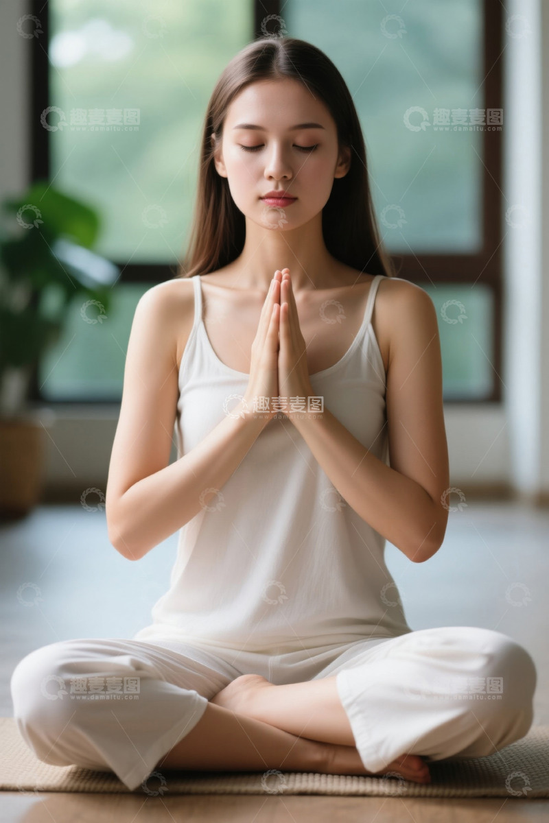 高清大图下载【趣麦麦图】女子在家中打坐冥想练习瑜伽