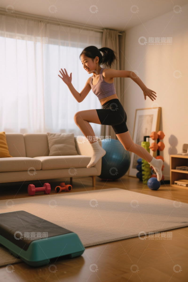 高清大图下载【趣麦麦图】女孩在家中活力运动跳跃