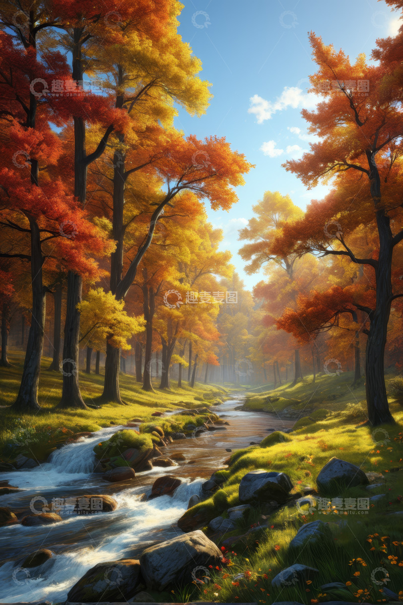 高清大图下载【趣麦麦图】秋日森林溪流风景
