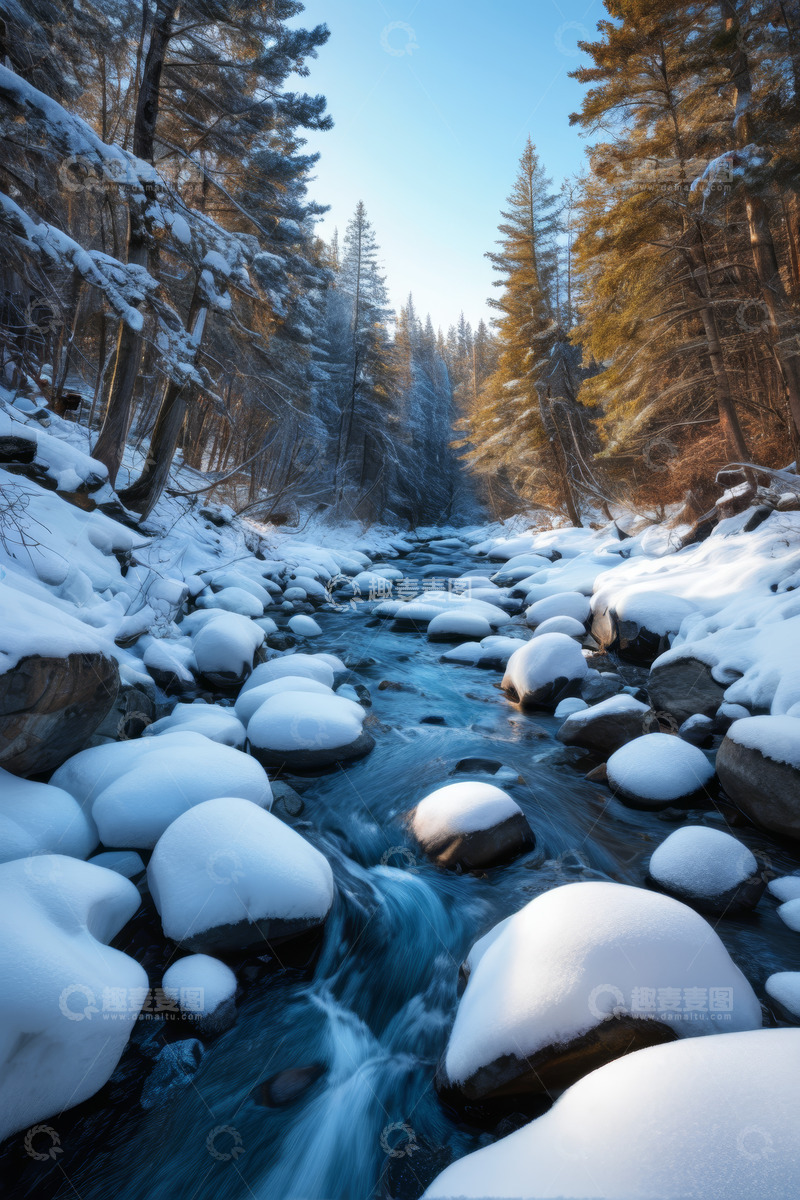 高清大图下载【趣麦麦图】冬季溪流雪景自然风光