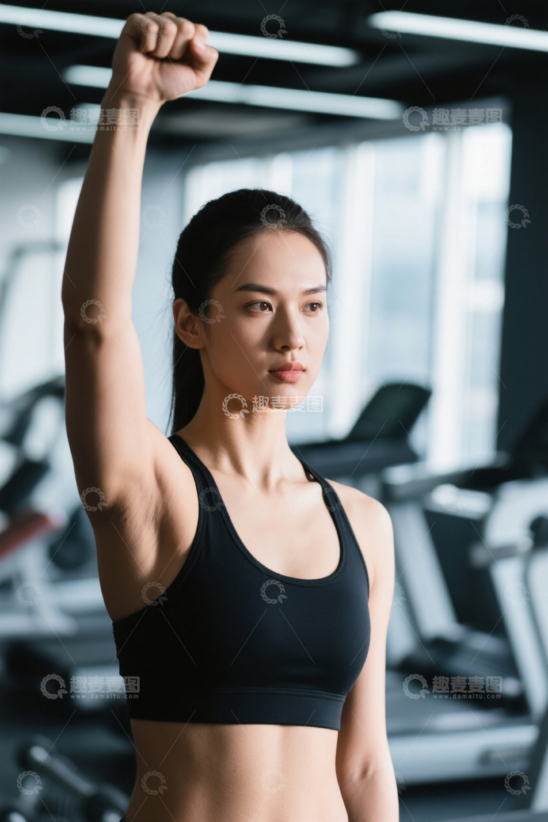 高清大图下载【趣麦麦图】健身房里举起拳头自信的年轻女子