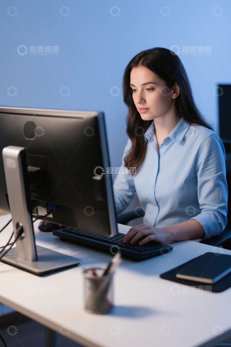 高清大图下载【趣麦麦图】年轻女子深夜加班办公电脑
