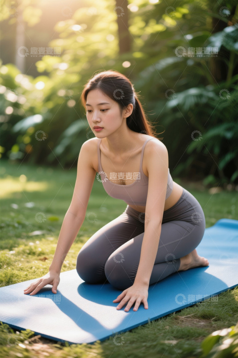 高清大图下载【趣麦麦图】公园里瑜伽女孩的宁静时刻