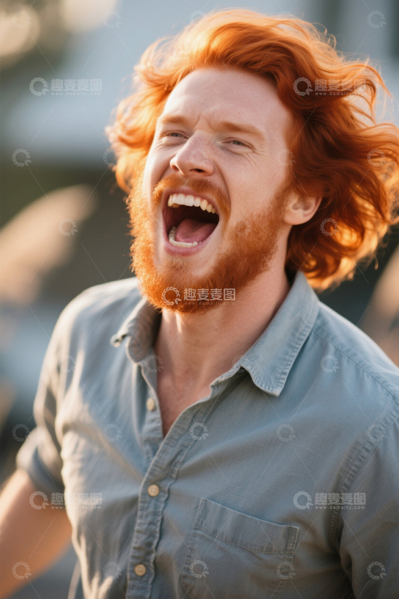 高清大图下载【趣麦麦图】红发男子开怀大笑户外写真