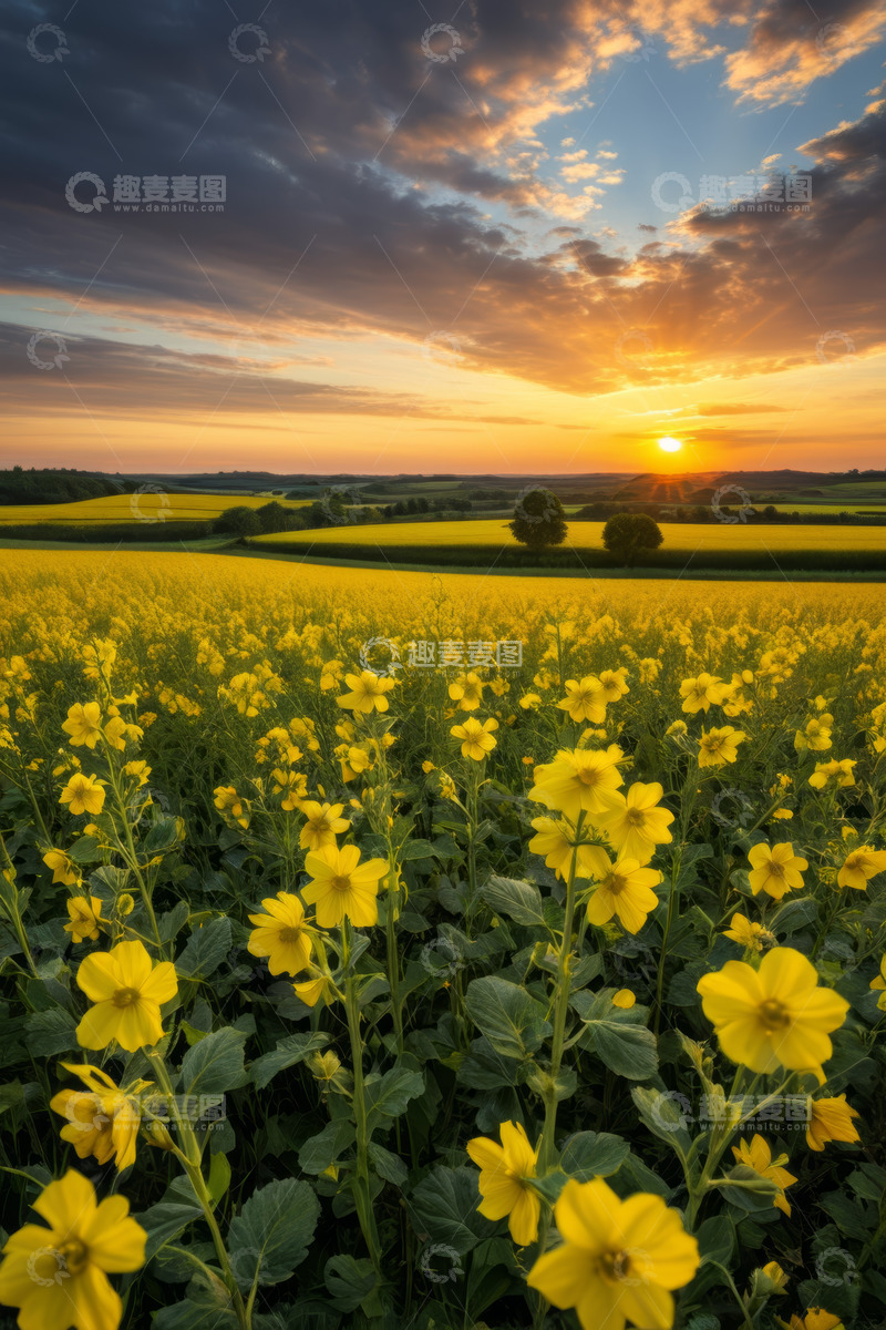 高清大图下载【趣麦麦图】夕阳下的黄色花海田园风光