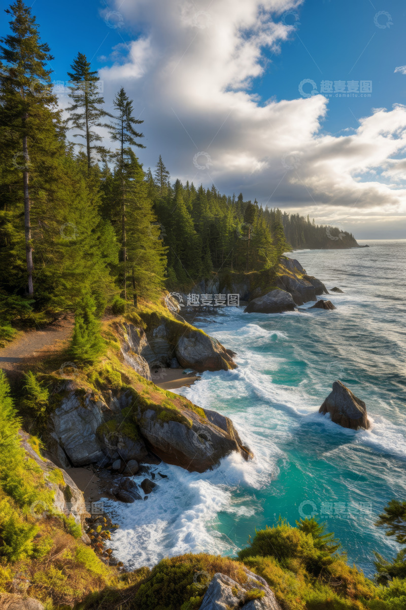 高清大图下载【趣麦麦图】海岸森林与海浪景观