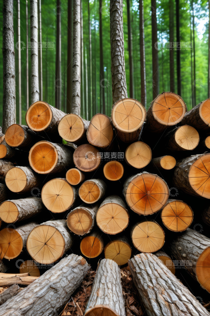 高清大图下载【趣麦麦图】森林中堆放的木材