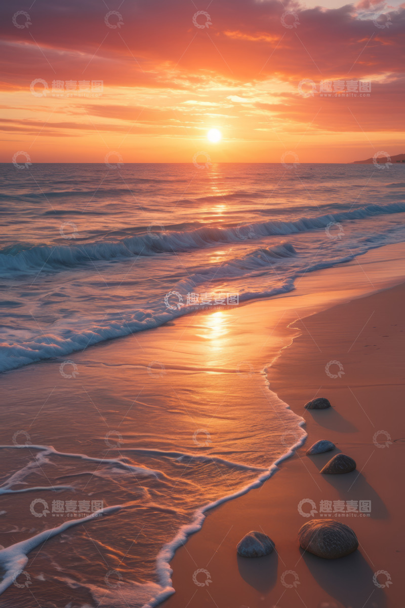 高清大图下载【趣麦麦图】海滩日落时分海浪与礁石景观