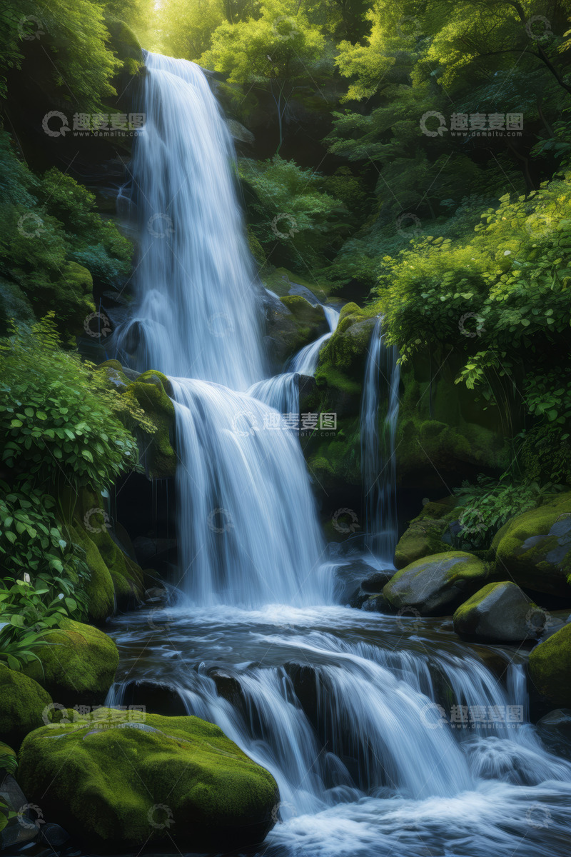 高清大图下载【趣麦麦图】森林中的瀑布自然景观