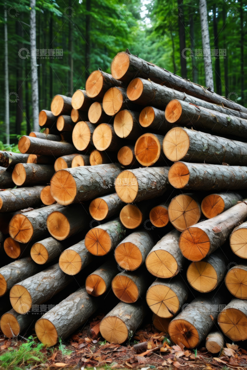 高清大图下载【趣麦麦图】森林中堆放的原木素材