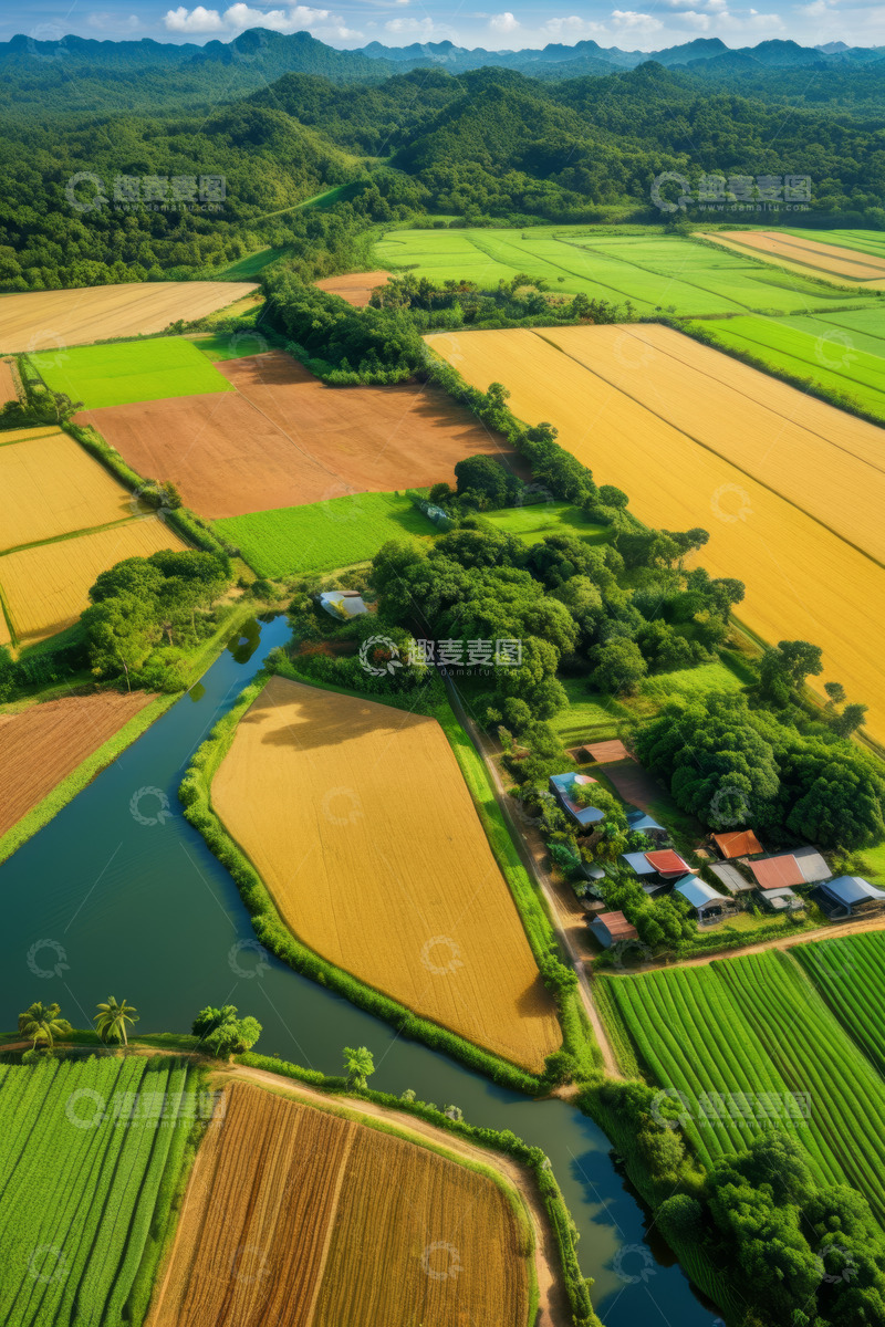 高清大图下载【趣麦麦图】田园乡村农田河流航拍景象
