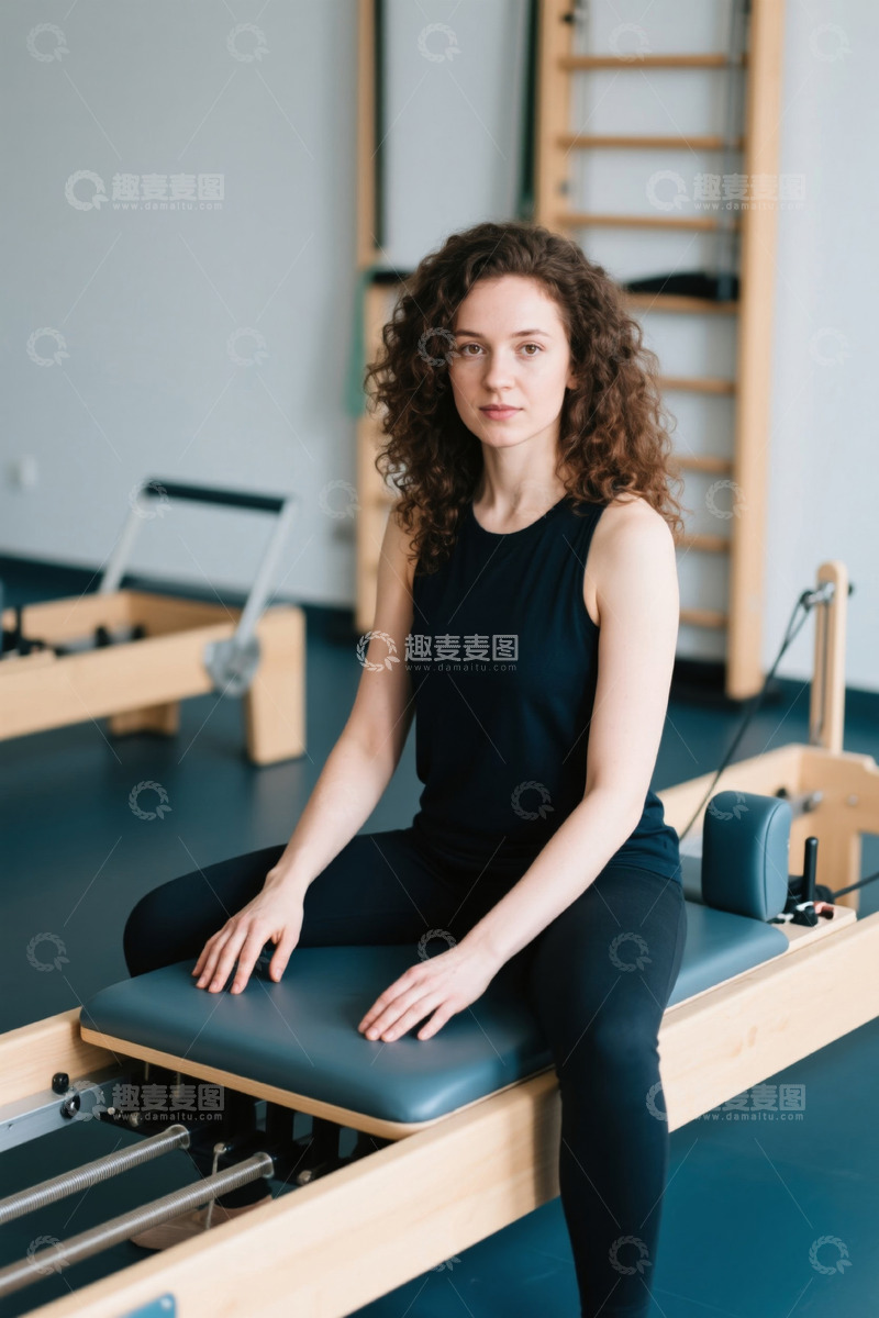 高清大图下载【趣麦麦图】年轻女子在普拉提床上做运动