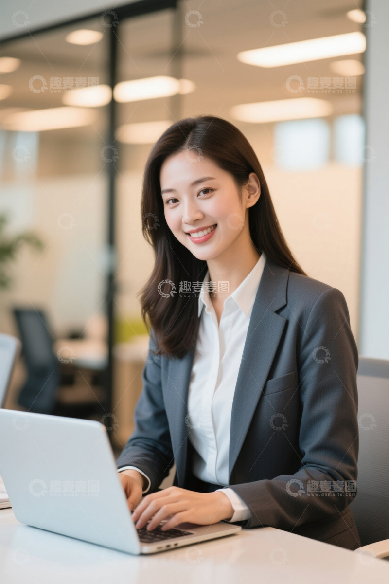 高清大图下载【趣麦麦图】职场女性微笑办公电脑