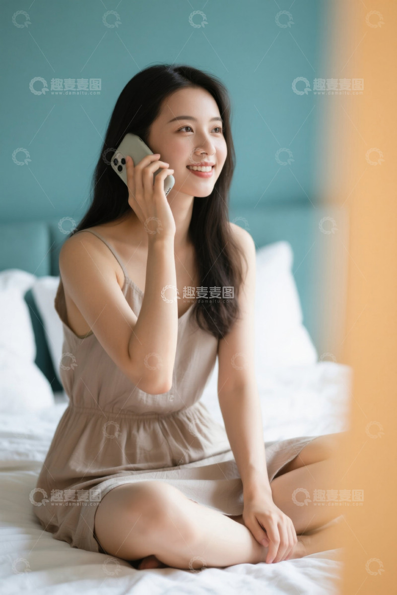 高清大图下载【趣麦麦图】女子卧室打电话温柔甜美