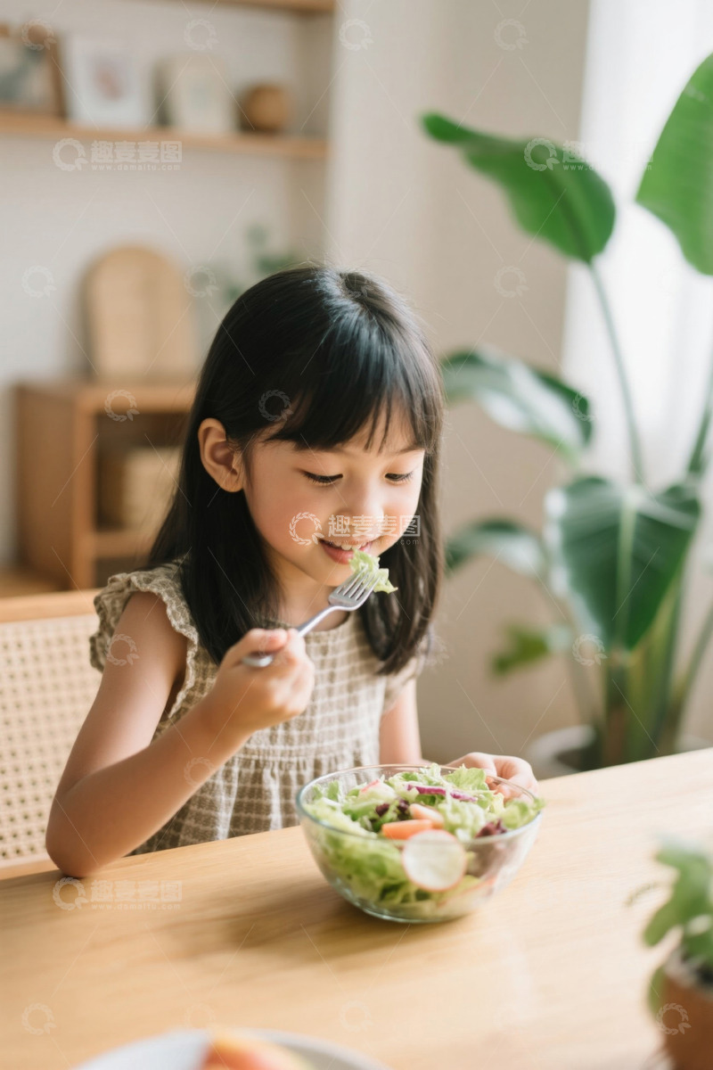 高清大图下载【趣麦麦图】小女孩吃健康蔬菜沙拉