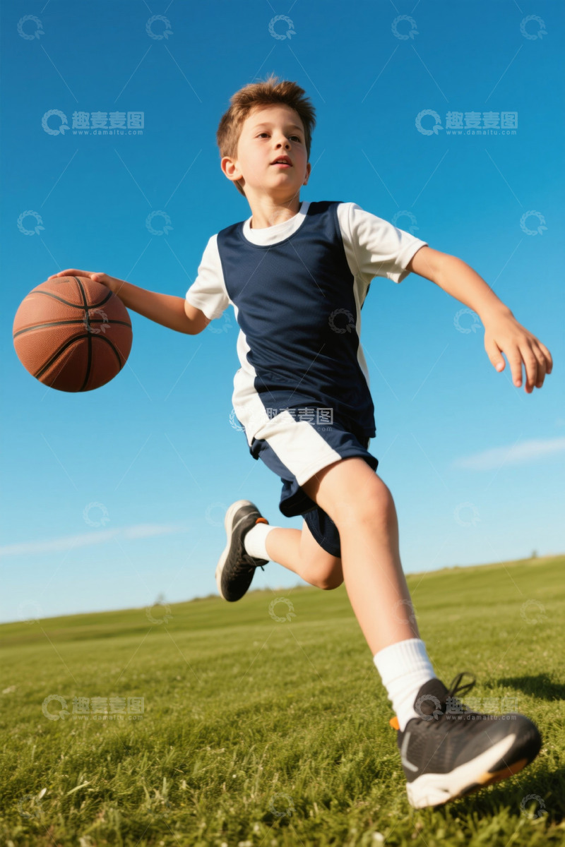 高清大图下载【趣麦麦图】男孩在草地上奔跑打篮球