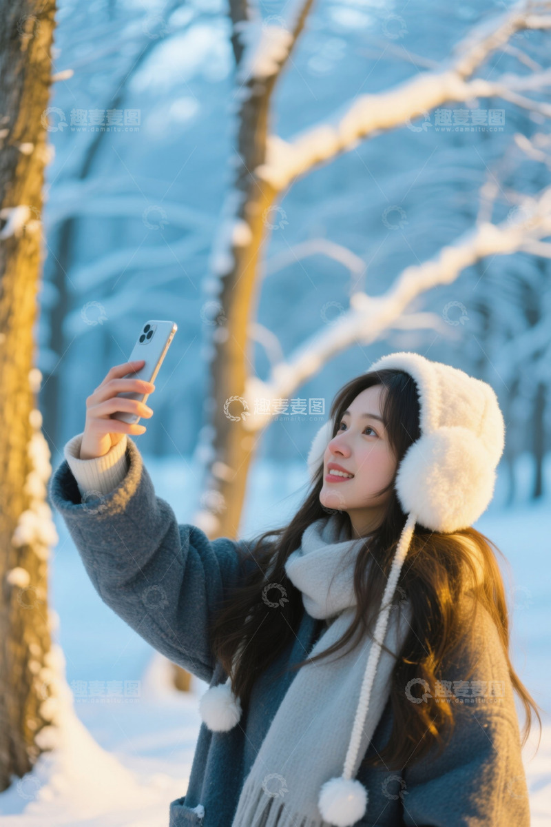 高清大图下载【趣麦麦图】冬日雪景女孩自拍手机