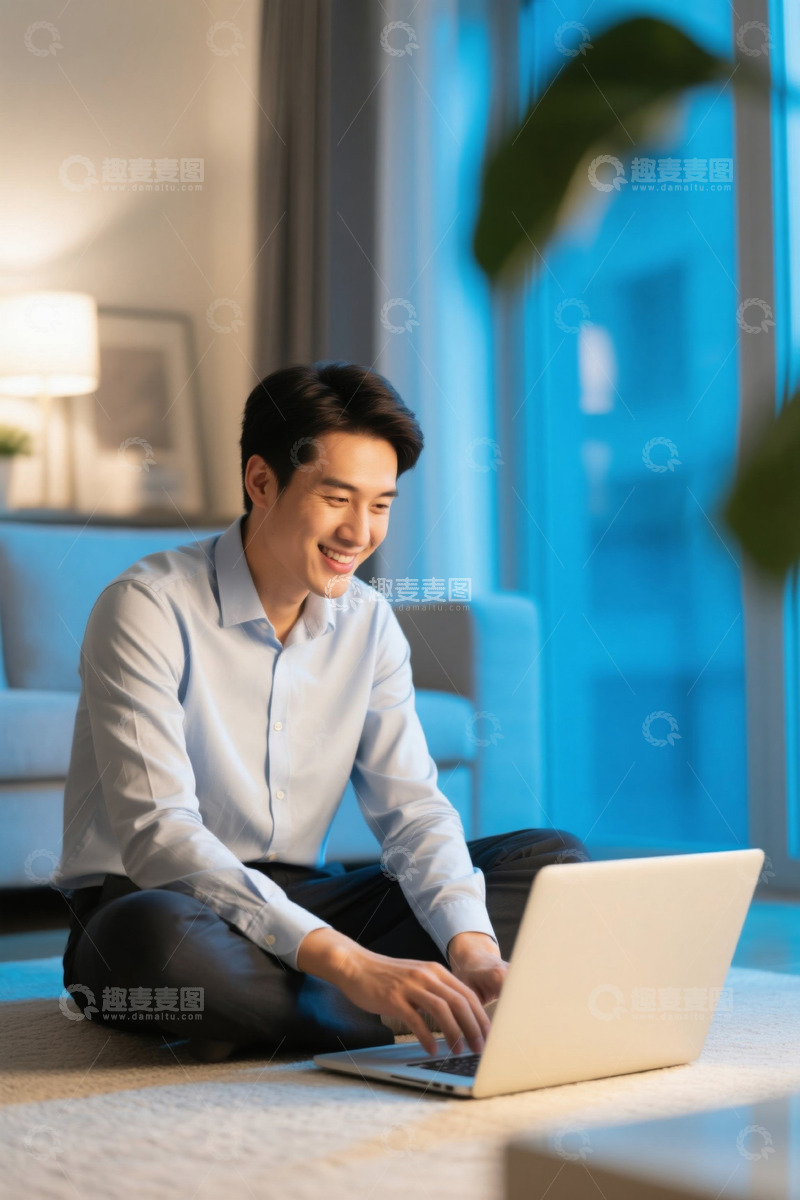 高清大图下载【趣麦麦图】年轻男子在家中使用笔记本电脑