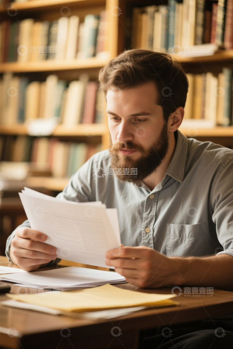 高清大图下载【趣麦麦图】图书馆里认真阅读文件的年轻男子