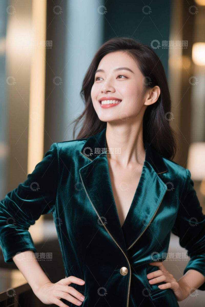 高清大图下载【趣麦麦图】优雅女性身穿墨绿色天鹅绒西装