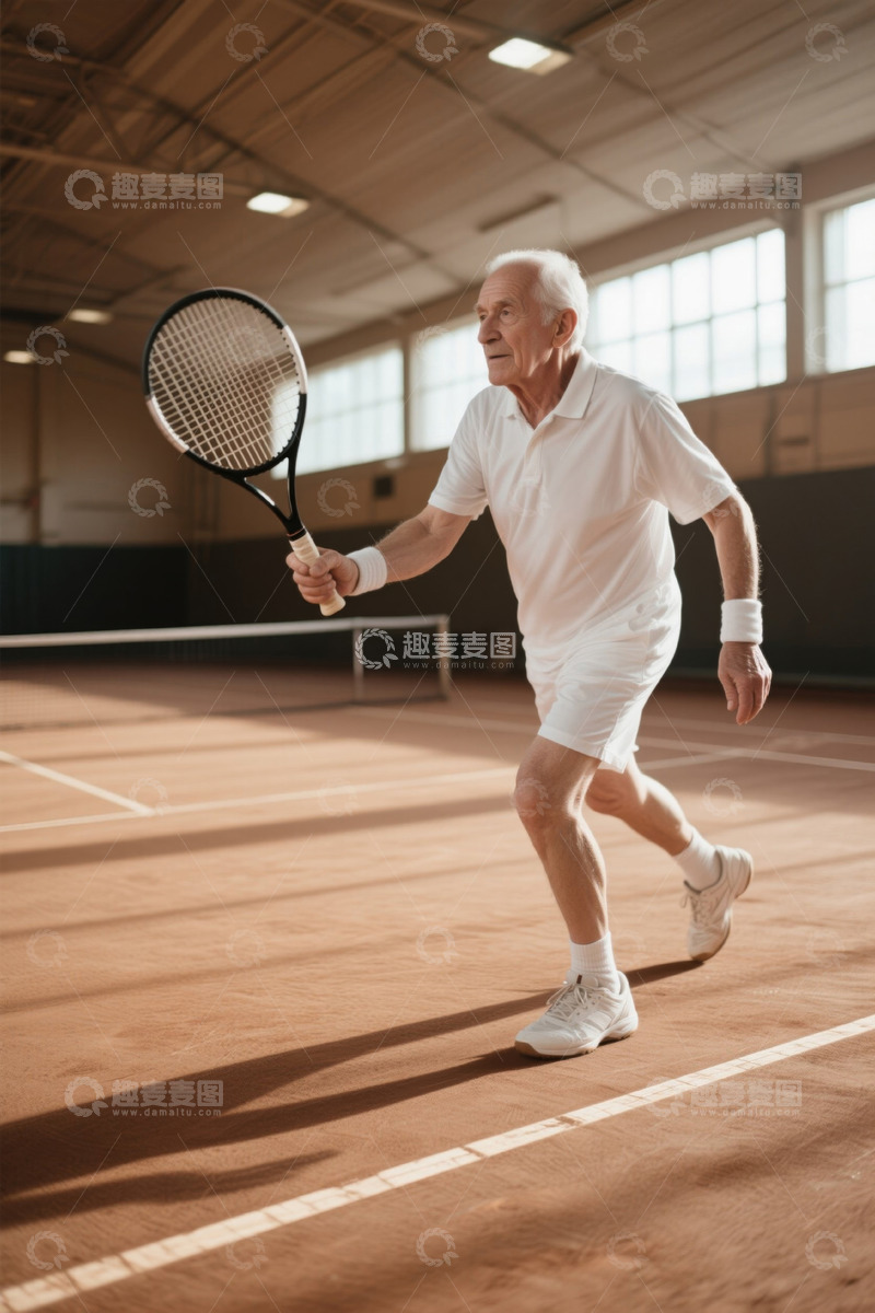 高清大图下载【趣麦麦图】老年人在室内网球场打球