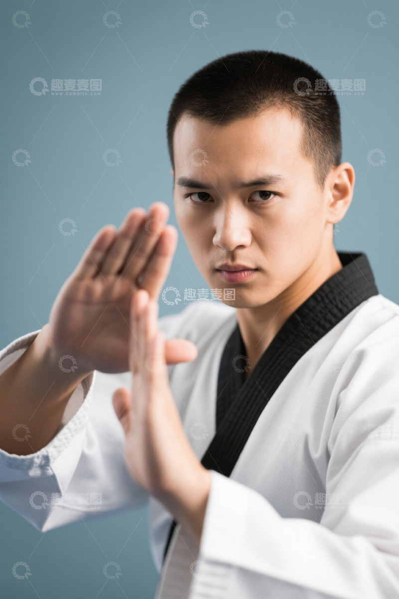 高清大图下载【趣麦麦图】年轻男子跆拳道服防御姿势特写