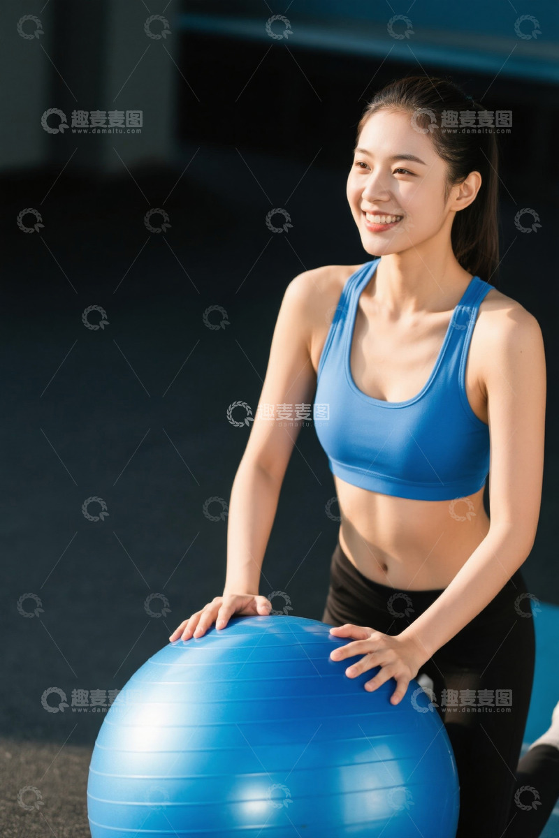 高清大图下载【趣麦麦图】健身房里美丽的女孩和瑜伽球