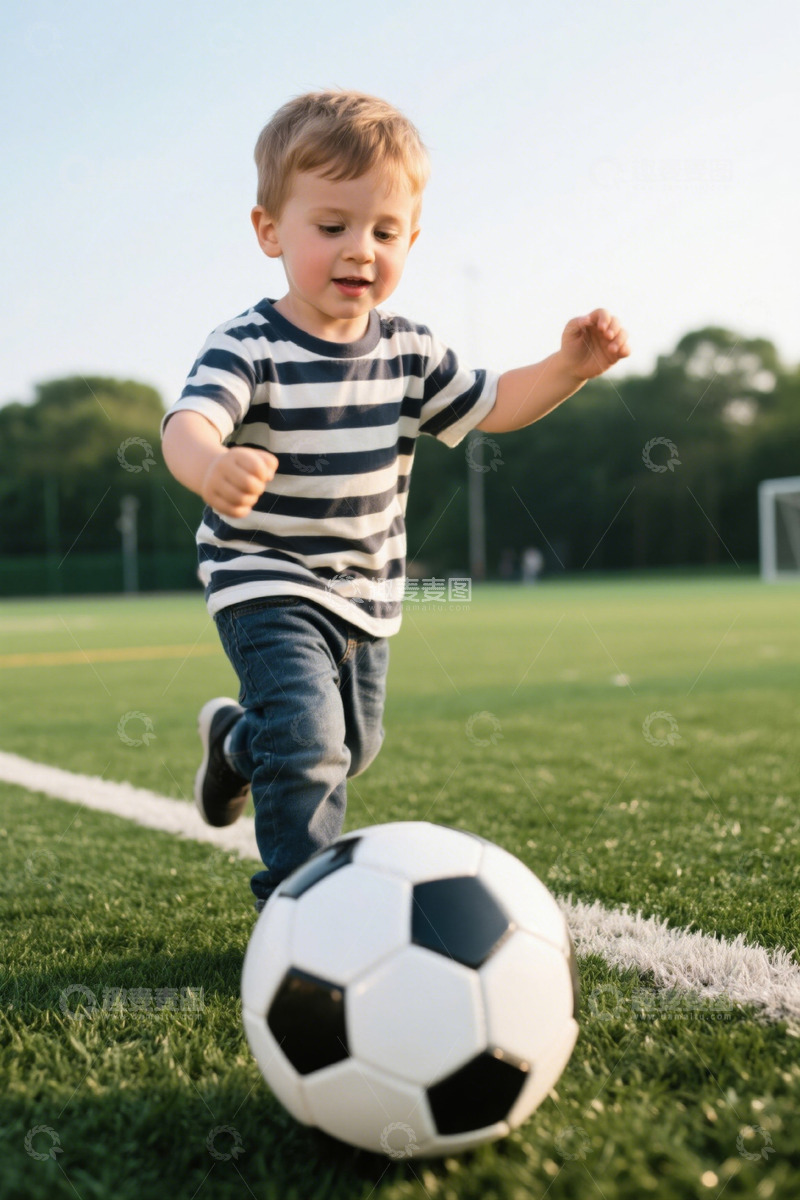 高清大图下载【趣麦麦图】蹒跚学步的孩子在草坪上踢足球