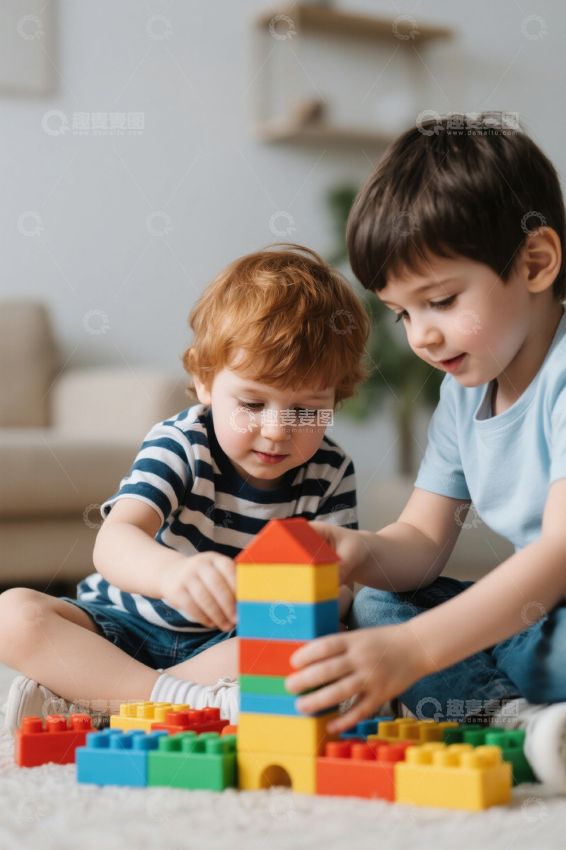 高清大图下载【趣麦麦图】两个小孩一起玩积木快乐童年