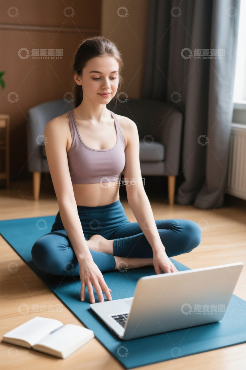 高清大图下载【趣麦麦图】瑜伽女孩在家中使用笔记本电脑