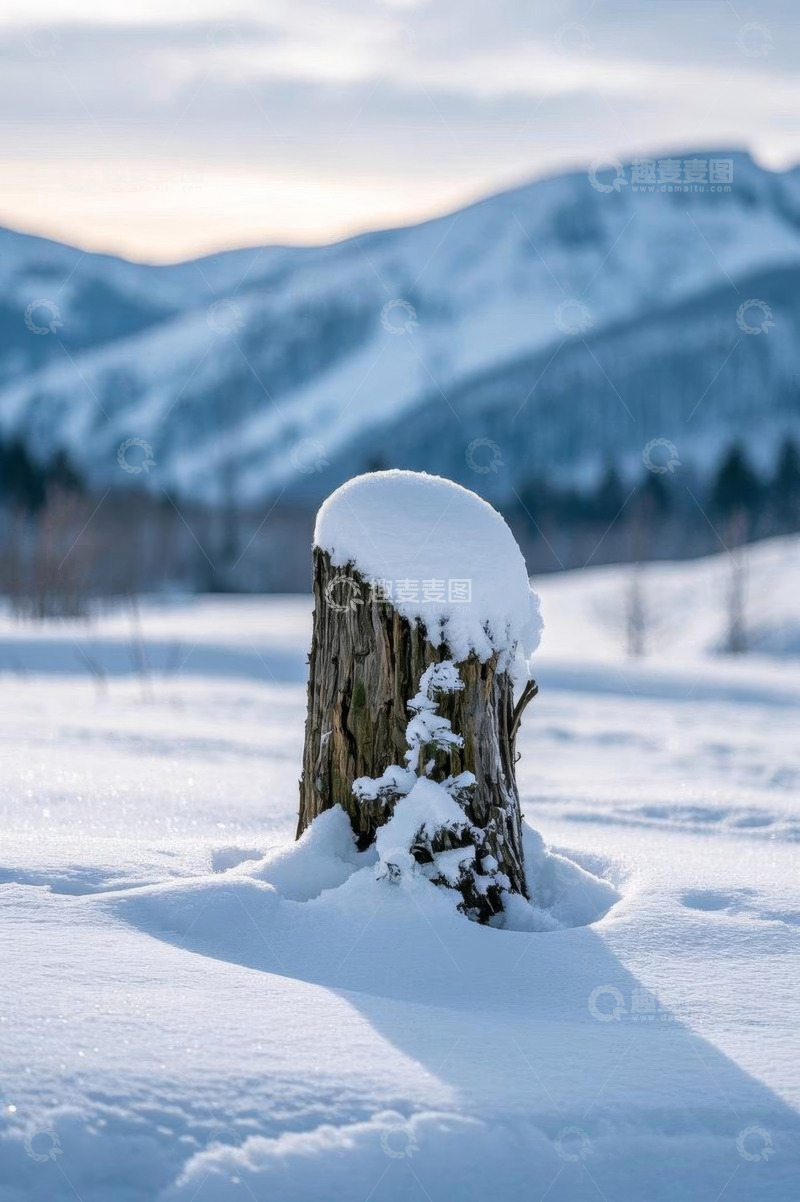 高清大图下载【趣麦麦图】雪覆盖的树桩与远处雪山景象