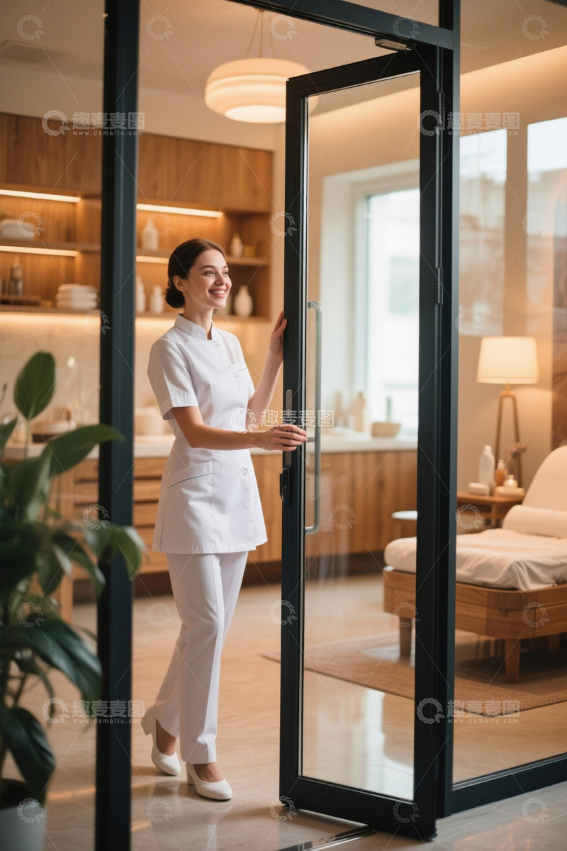 高清大图下载【趣麦麦图】年轻女子在现代水疗中心开门迎接客人