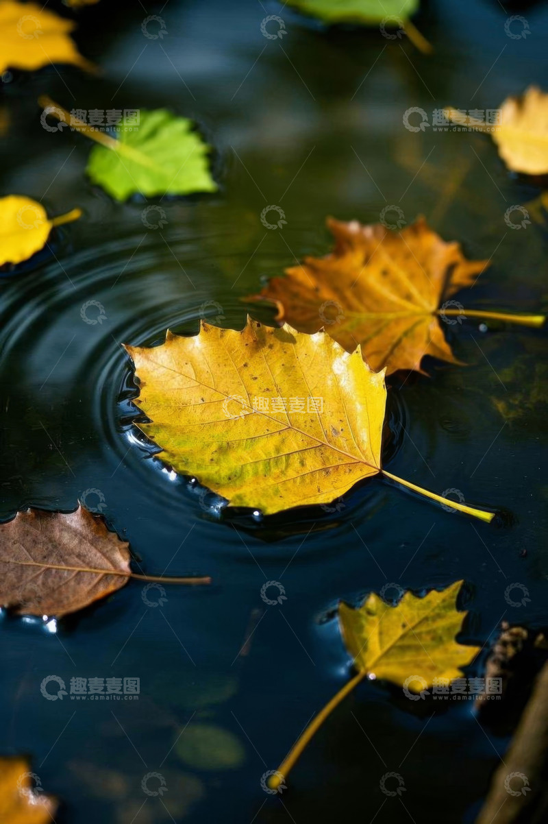 高清大图下载【趣麦麦图】水面漂浮的秋日落叶