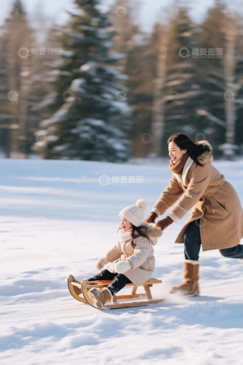 高清大图下载【趣麦麦图】冬日雪地母女玩雪橇快乐场景
