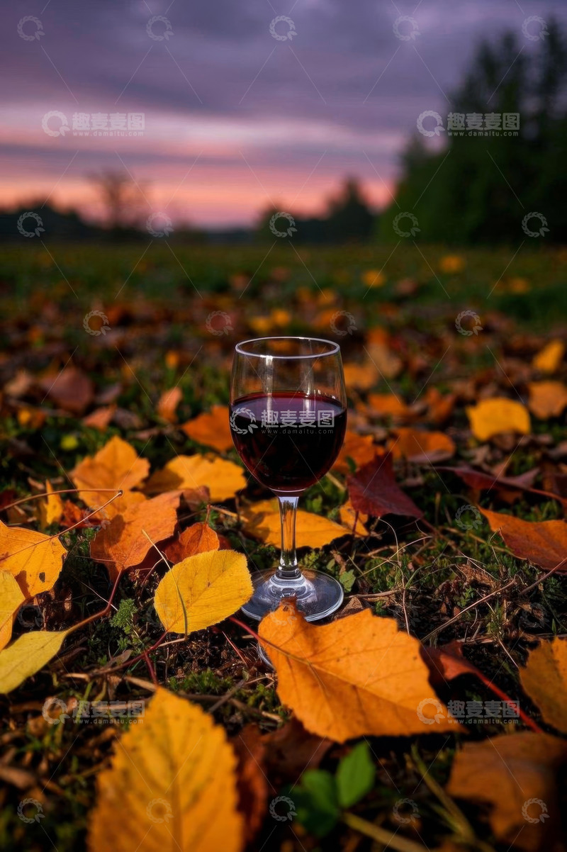 高清大图下载【趣麦麦图】户外草地秋叶中的红酒杯