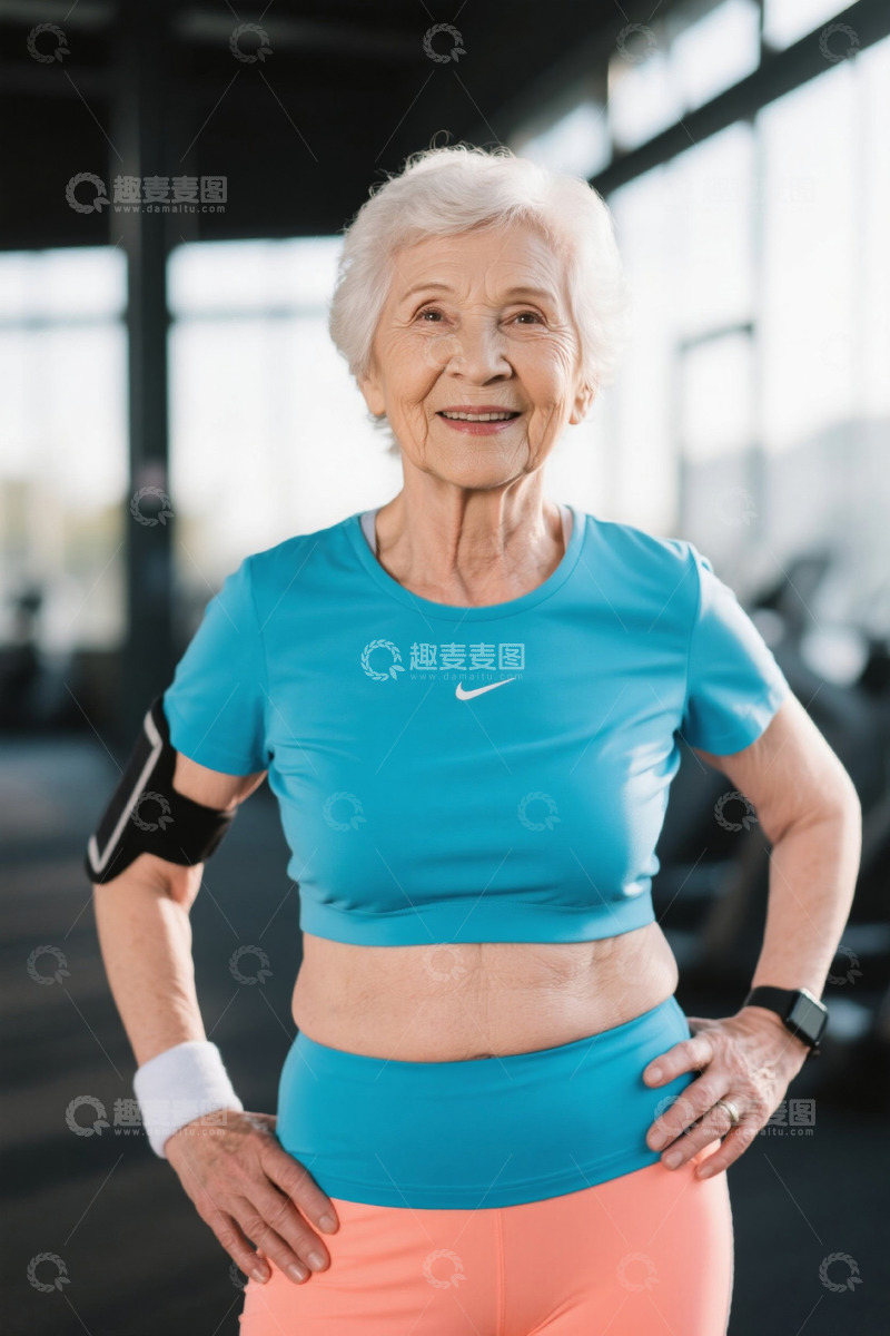 高清大图下载【趣麦麦图】健身房里笑容可掬的老年女性