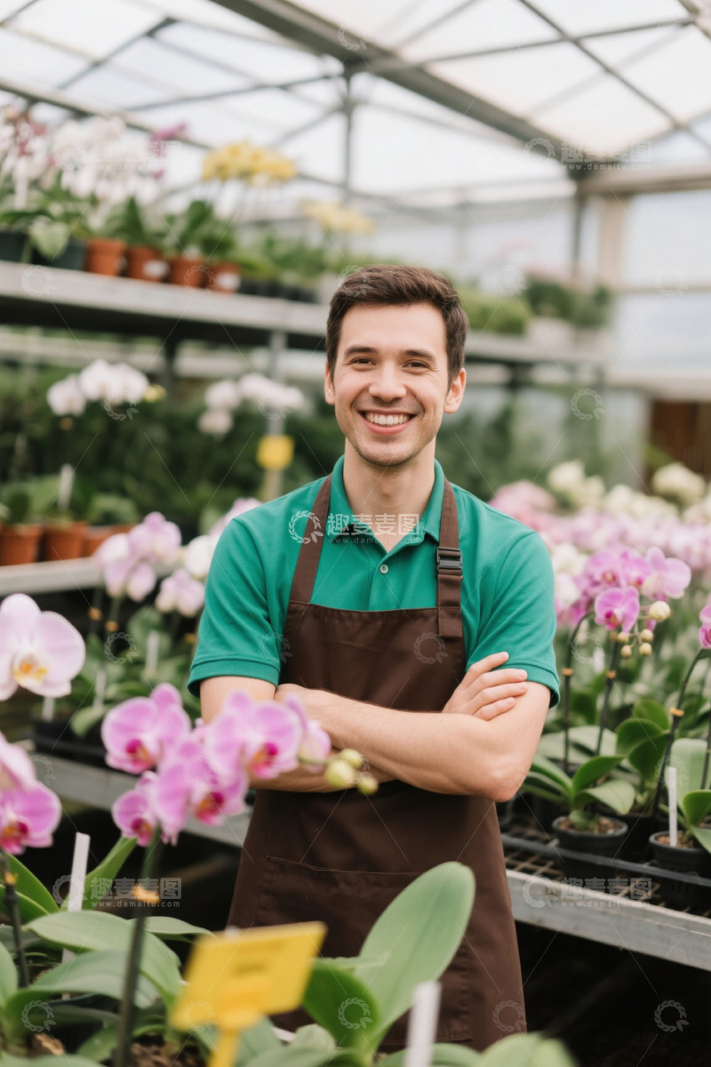 高清大图下载【趣麦麦图】花房里笑容灿烂的年轻园丁