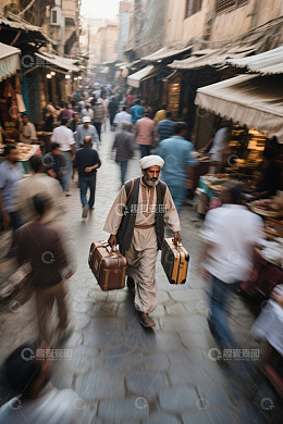 老翁提着行李箱穿梭于熙攘的集市