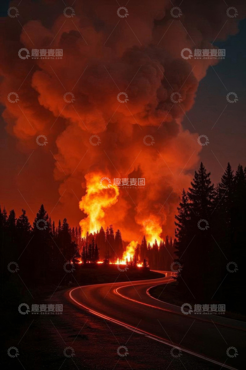 高清大图下载【趣麦麦图】公路旁森林火灾场景