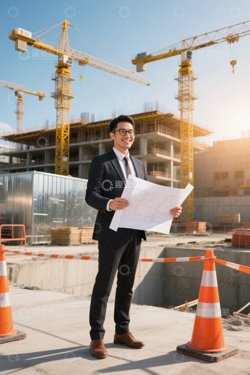 高清大图下载【趣麦麦图】西装男子工地看图纸阳光灿烂